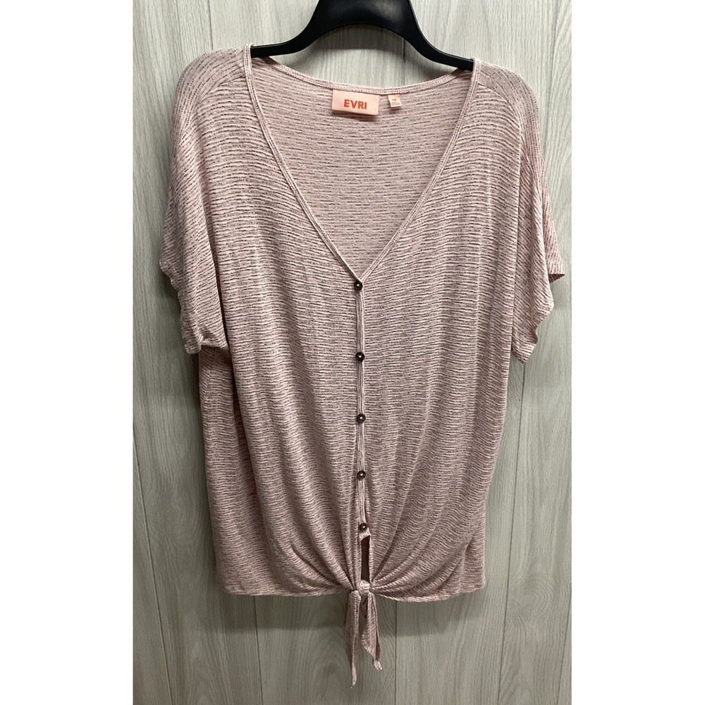 EVRI Women's (Size 1X) Short Sleeve V-Neck Tie Bottom Shirt Button Accent